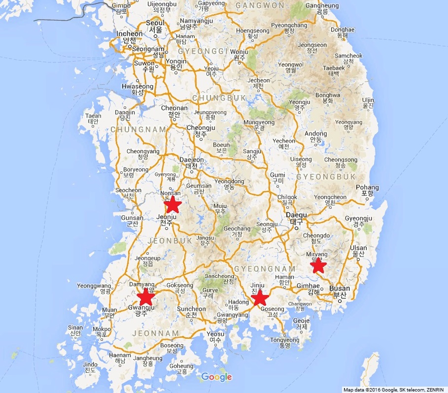 map of korea indicating major strawberry production areas: nonsan, jinju, miryang, and damyang.